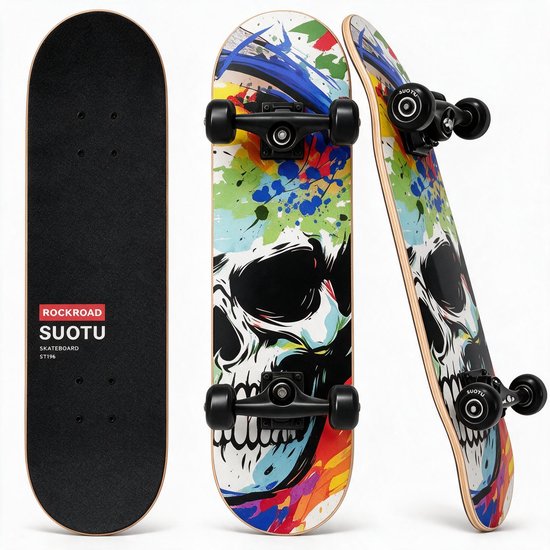 Skateboard met opdruk van een schedel met veelkleurige verfspatten. De onderkant is zwart.