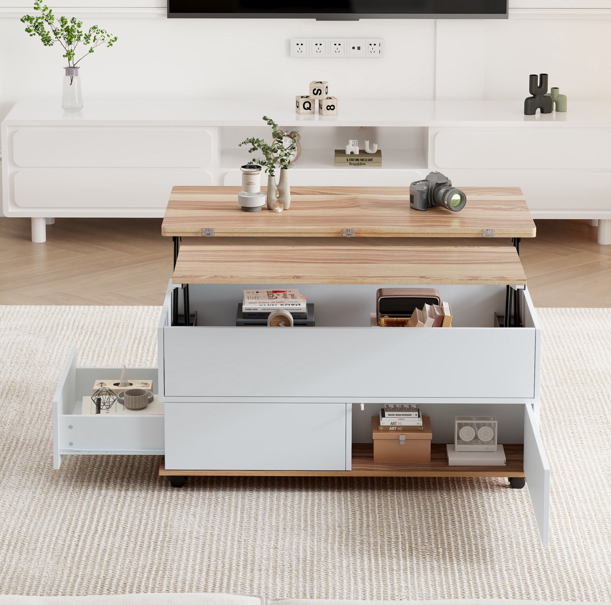 MEUNIQ Hoogteverstelbare salontafel 100 x 98 x 65 cm met hydraulische liftbladen, lade, kast, open vakken en wielen voor woonkamer, wit naturel