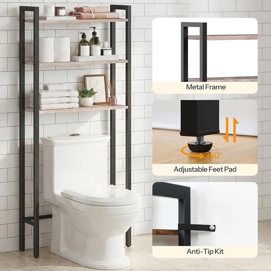 Toilet met een zwart metalen opbergrek, met details over het metalen frame, verstelbare voet en anti-tip kit.
