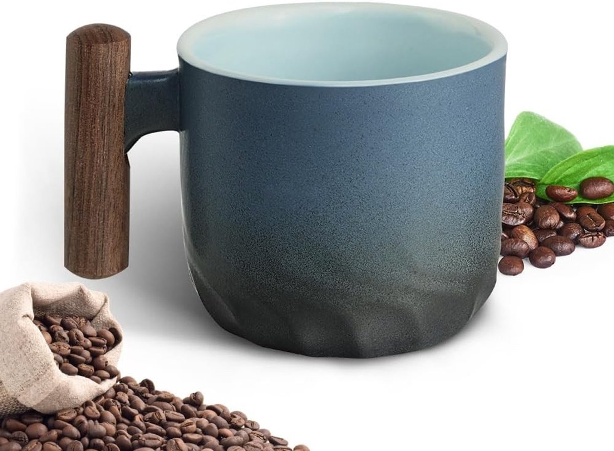 Retro Handgemaakte Keramische Espresso Kopjes met Houten Handvat voor Koffie en Thee, Ideaal voor Thuis en Kantoor