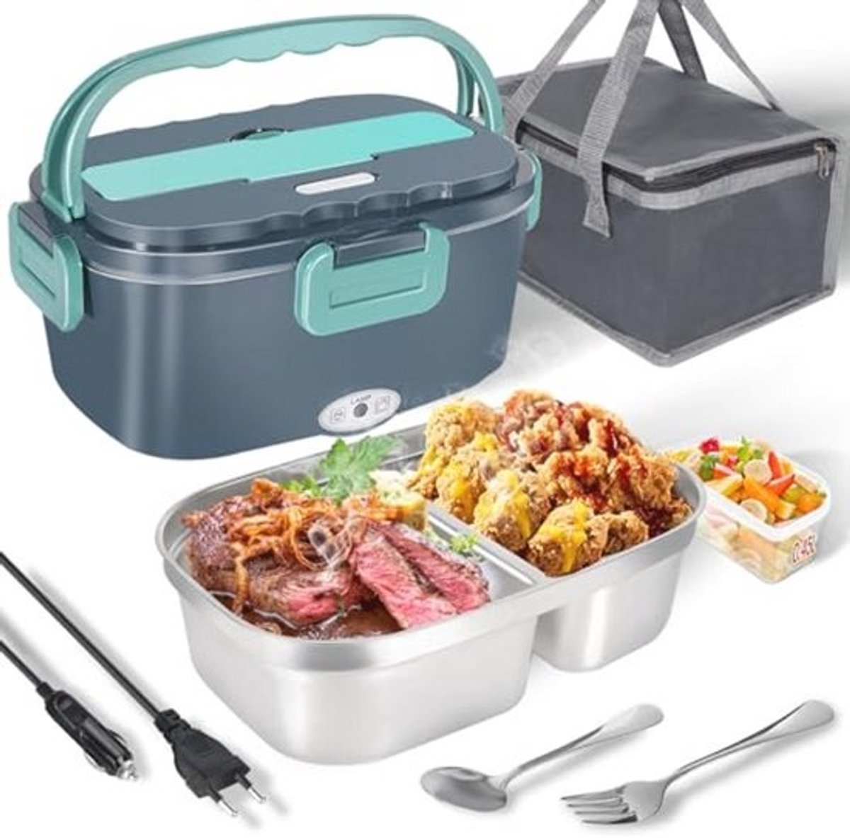 Elektrische Lunchbox 3-in-1 80W - Draagbare Eten Container voor Huis en Auto - Met Vork en Lepel