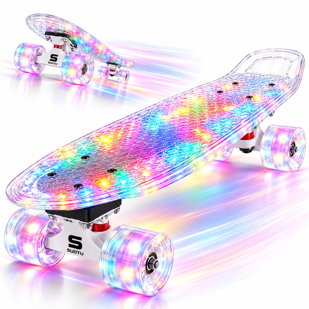 Suotu Skateboard met LED Lichtgevend Dek & Wielen - ABEC-9 - Skateboard Meisjes/jongens – Skateboard Volwassenen - Transparant