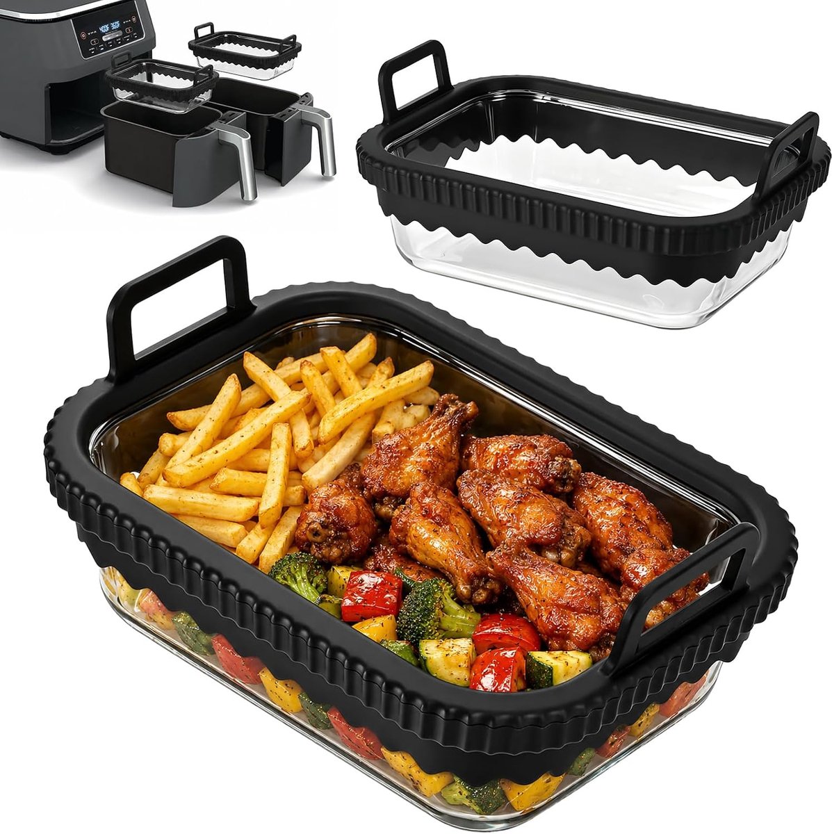 2-delige glazen accessoire set voor airfryer, ovenschaal voor heteluchtfriteuses, glazen airfryerbak, compatibel met Ninja AF400EU, AF500EU, DZ400EU, Cosori, Philips, hittebestendig, krasbestendig
