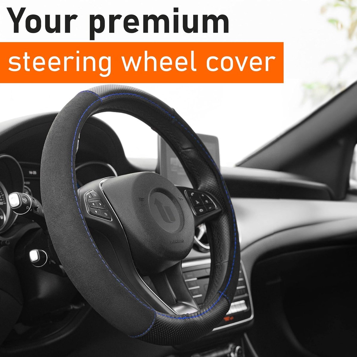 Auto Stuurhoes Alcantara Look Blauw Zwart | Universele Stuurwiel hoes 37-39 cm / 14,5-15 Inch | Accessoires Interieur voor Vrouwen & Heren