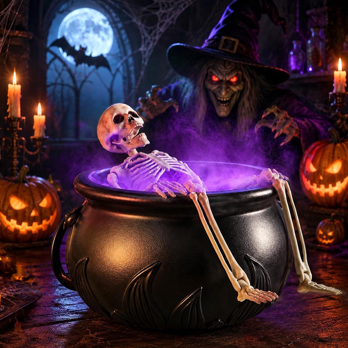 Halloween Heksenketel Set Met Ultrasone Vernevelaar, Beweegbaar Skeletfiguur En Rgb-Verlichting, Mini-Mistmachine, Klein, Waternevelaar Voor Halloween-Decoratie, Heksenaccessoires Voor