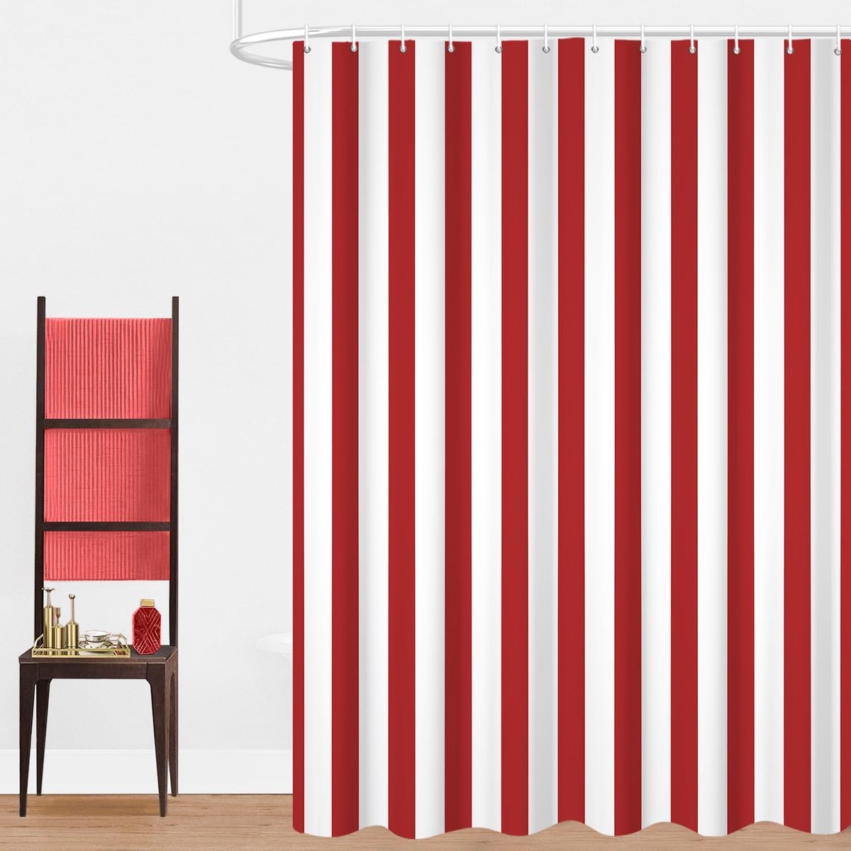 Douchegordijn, 180 x 200 cm, rood, modern minimalisme, verticale strepen, waterdichte stof, machinewasbaar, badkamergordijn met haken