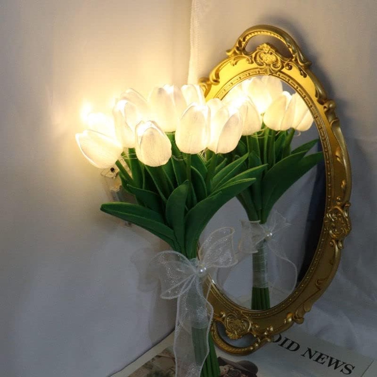 Kunstbloemen met ledverlichting, Real Touch tulp boeket, op batterijen, Kerstmis, vakantie, bruiloft, fotografie, woondecoratie, creatieve geschenken (wit, 10 stuks)
