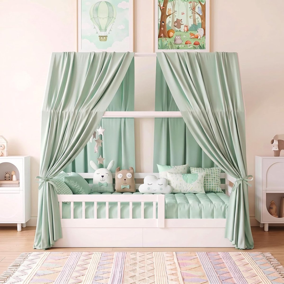 2 stuks H350 x B135 cm huisbed, hemel, bedhemel, huisbed, mousseline met bedhemel, stoffen hemel voor huisbedden, meisjes, jongens, baldakijn, kinderbed, kinderkamer, decoratie (lichtgroen)