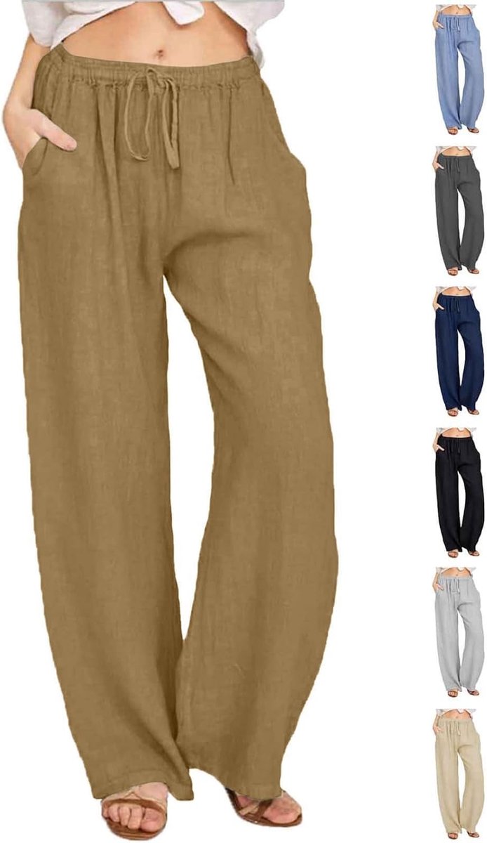 Damesbroek, linnen broek met trekkoord en zakken, casual, effen, zomerbroek, losse vrijetijdsbroek, joggingbroek