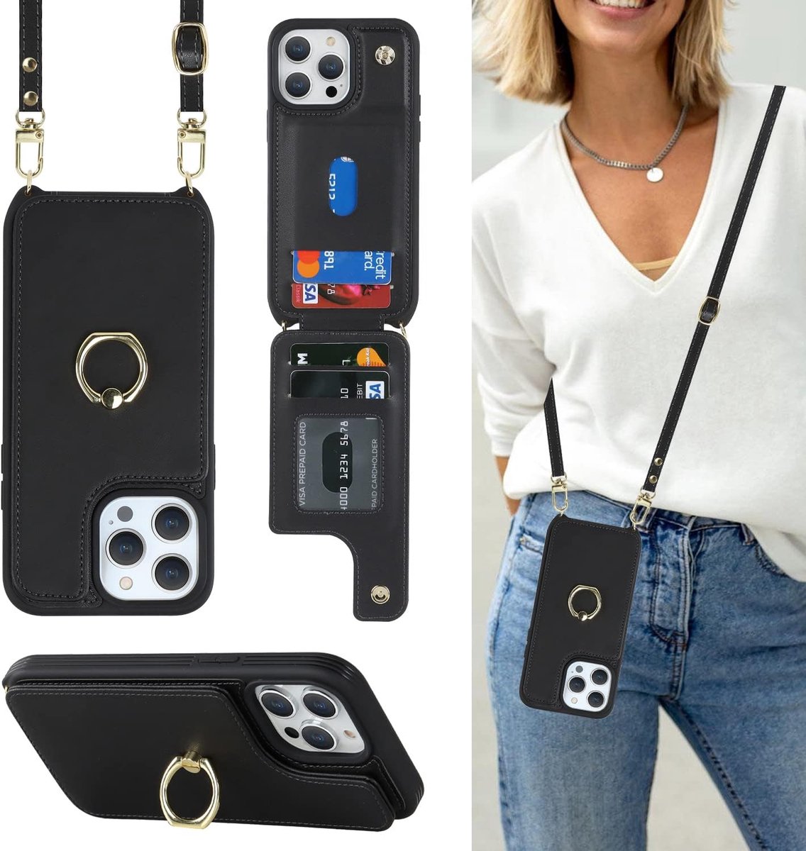 Telefoonhoesje Compatibel met iPhone 15 Pro Max Hoesje met Kaartenhouder met Riem, Flip Lederen Portemonneehoesje met Lanyard, Ring Kickstand Schokbestendige Beschermhoes voor iPhone 15 Pro Max