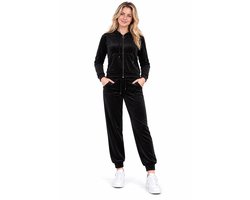 Dames must-Have Velvet Huispak-Huispak-Velours Huispak-Hoodie met capuchon-Rits-Joggingpak-Huispak-L/XL(40/42)- NG103 Zwart