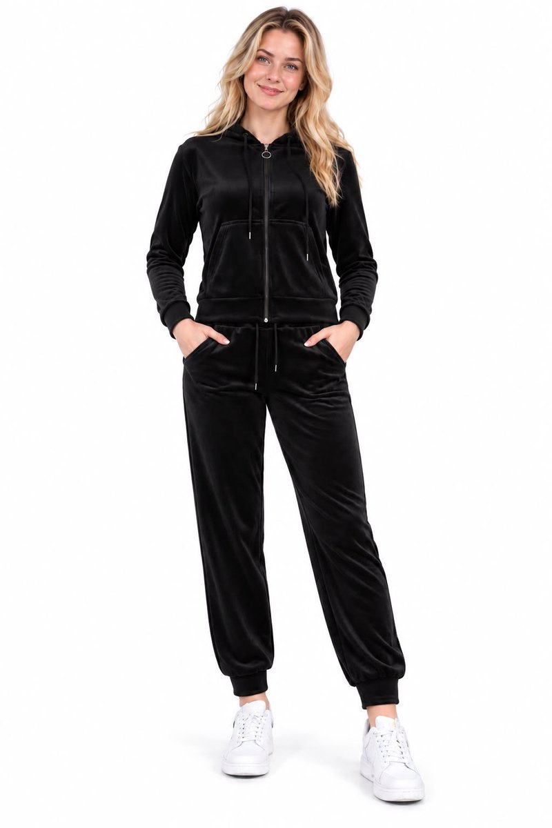 Dames must-Have Velvet Huispak-Huispak-Velours Huispak-Hoodie met capuchon-Rits-Joggingpak-Huispak-L/XL(40/42) NGHP-W26005 Bordeaux