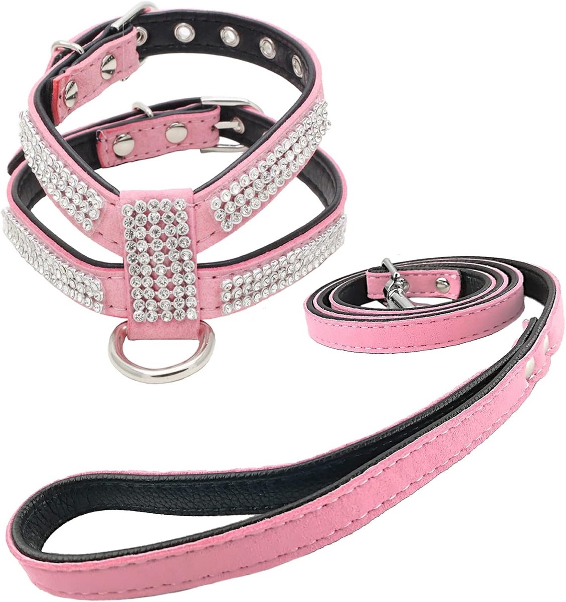 Honden harnas met diamanten en riem schattig meisje bling kleine hond harnas met riem voor honden - roze - M
