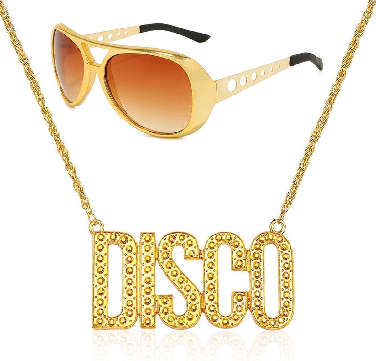 Hop accessoireset, 2 stuks, jaren 70, 80, 90, accessoires, disco, gouden ketting en partybrillen, hiphop-kostuum, accessoires, rapper, hippie-accessoires voor carnaval, Halloween, cosplay