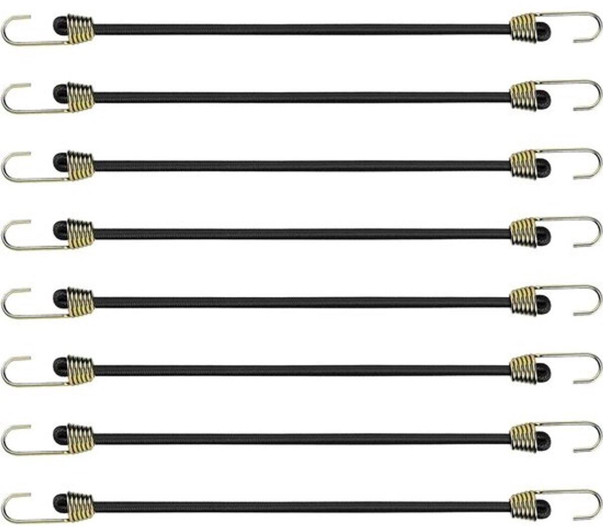 Set van 8 elastische spanbanden 25 cm met robuuste haken - ideaal voor het bevestigen van dekzeilen en lasten, voor transport binnen en buiten - zwart.