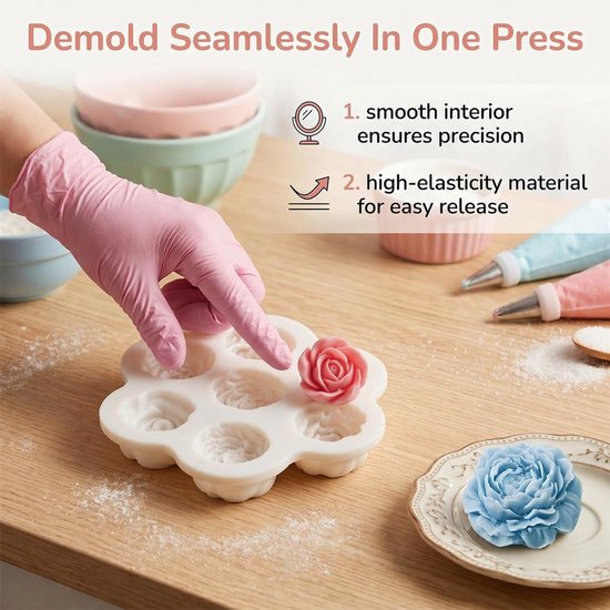 1 Pcs 7-Hole Flower Silicone Mold, Multi-Color Rose Peony Mold For Baking, Cake, Soap, Candle, Plaster Crafts, Oven Microwave Dishwasher Safe (-40°C to 230°C), Easy Clean Kitchen Baking Tool — afbeelding 5