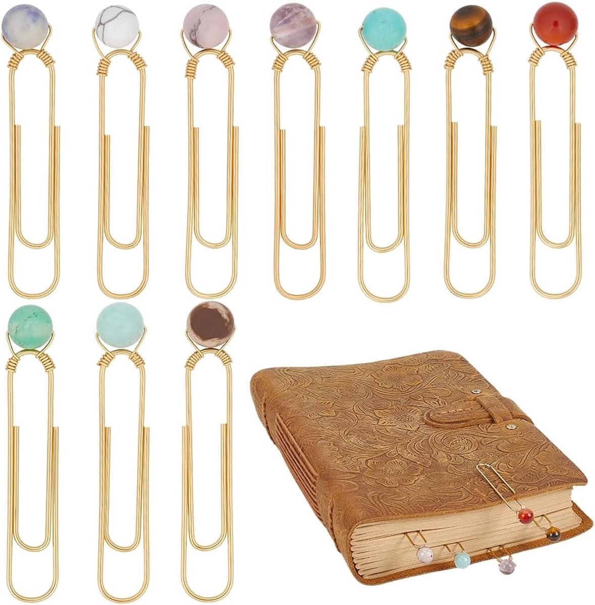 10Pcs 10 Stijlen Paperclips Bladwijzer Klem 2 "Paperclip met Natuursteen Planner Clip Metalen Boek Tag Journal Kalender Reizigers Notebook Kantoor Accessoires Leraar Waardering Gift