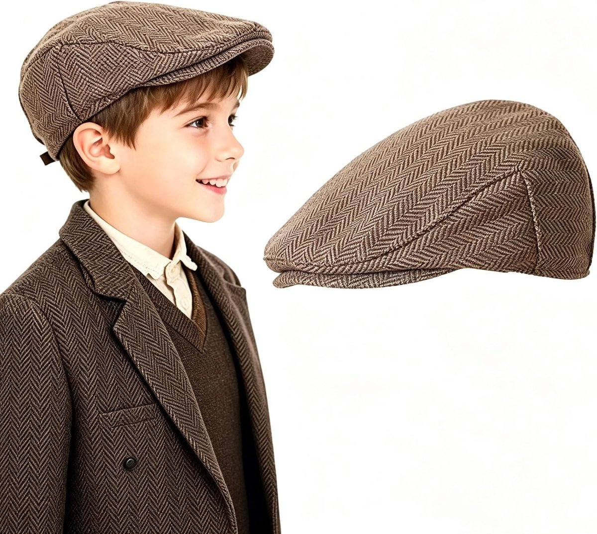 Pet voor kinderen, voor veteranendag, Victoriaans kostuum voor jongens, vintage tweed, krantenjongensmuts voor evacuatiekostuum in de jaren 40