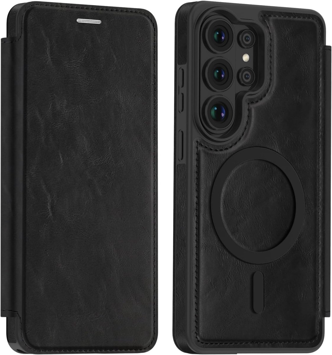 Hoes voor Samsung Galaxy S26 Ultra, klaphoes, flip case, compatibel met MagSafe, PU-leren telefoonhoes met kaartenvak, RFID-vergrendeling, beschermhoes, zwart