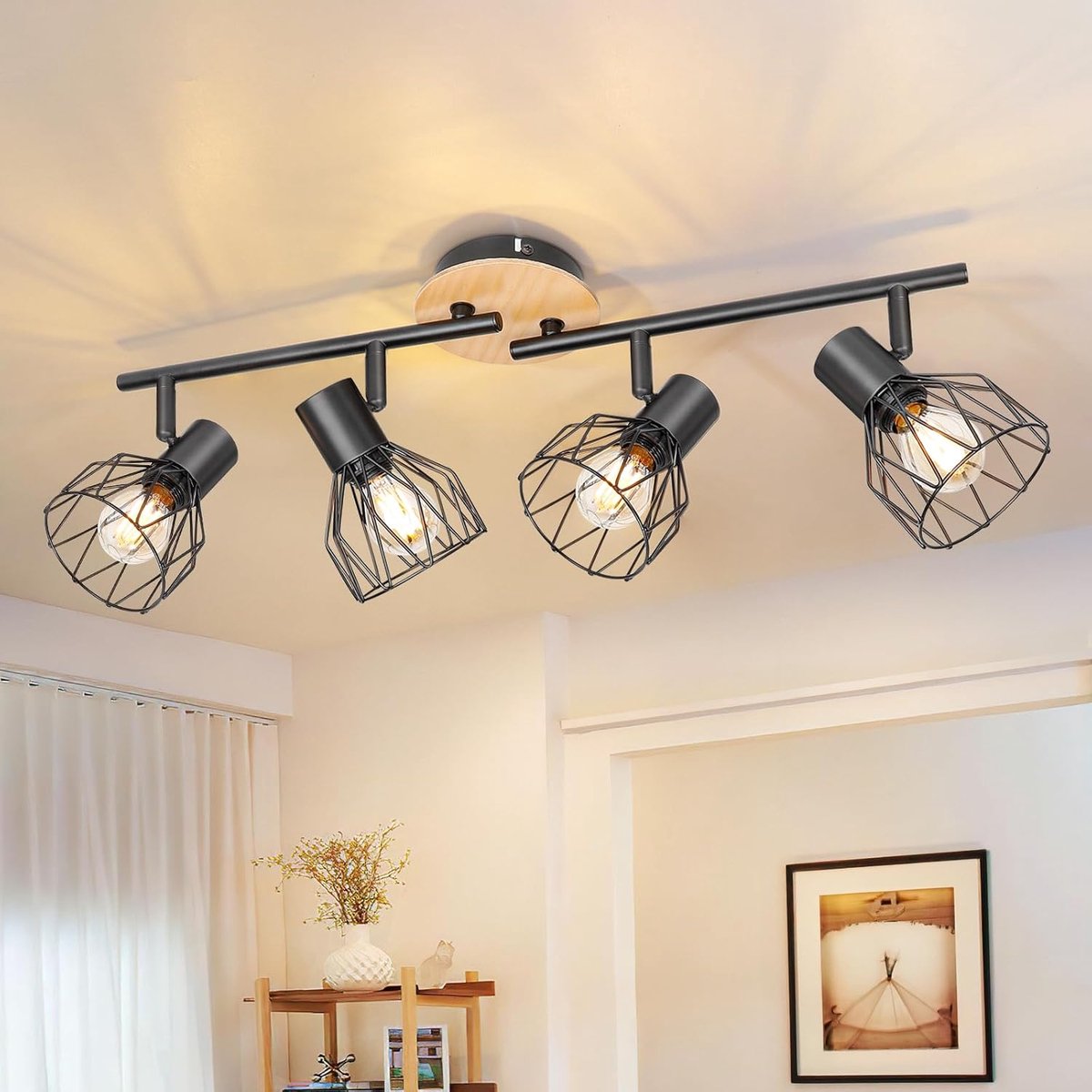 Led plafondspot 4 vlammen rond hout draaibaar, plafondlamp spot plafondlamp E14 4 vlammen zwart, spot wandlamp keukenlamp woonkamer plafondspot slaapkamer geen lampen