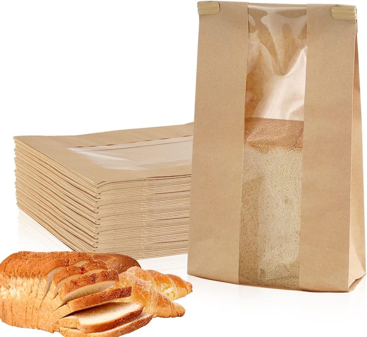 Papieren Zakjes voor Brood en Gebak, 50 Stuks, Bruine Zakjes met Venster, Ideaal voor Toast, Sandwiches en Cadeaus