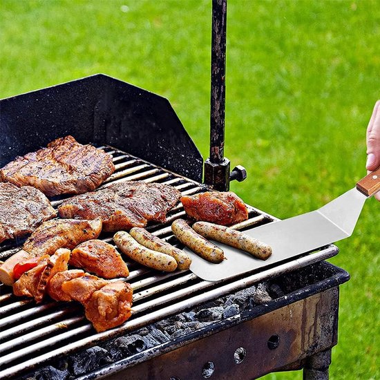 Spatelset, 3 stuks, roestvrij staal, metaal, anti-roest, houten handvat, voor barbecue, keuken, buiten, koken, teppanyaki, 3 stuks — afbeelding 3