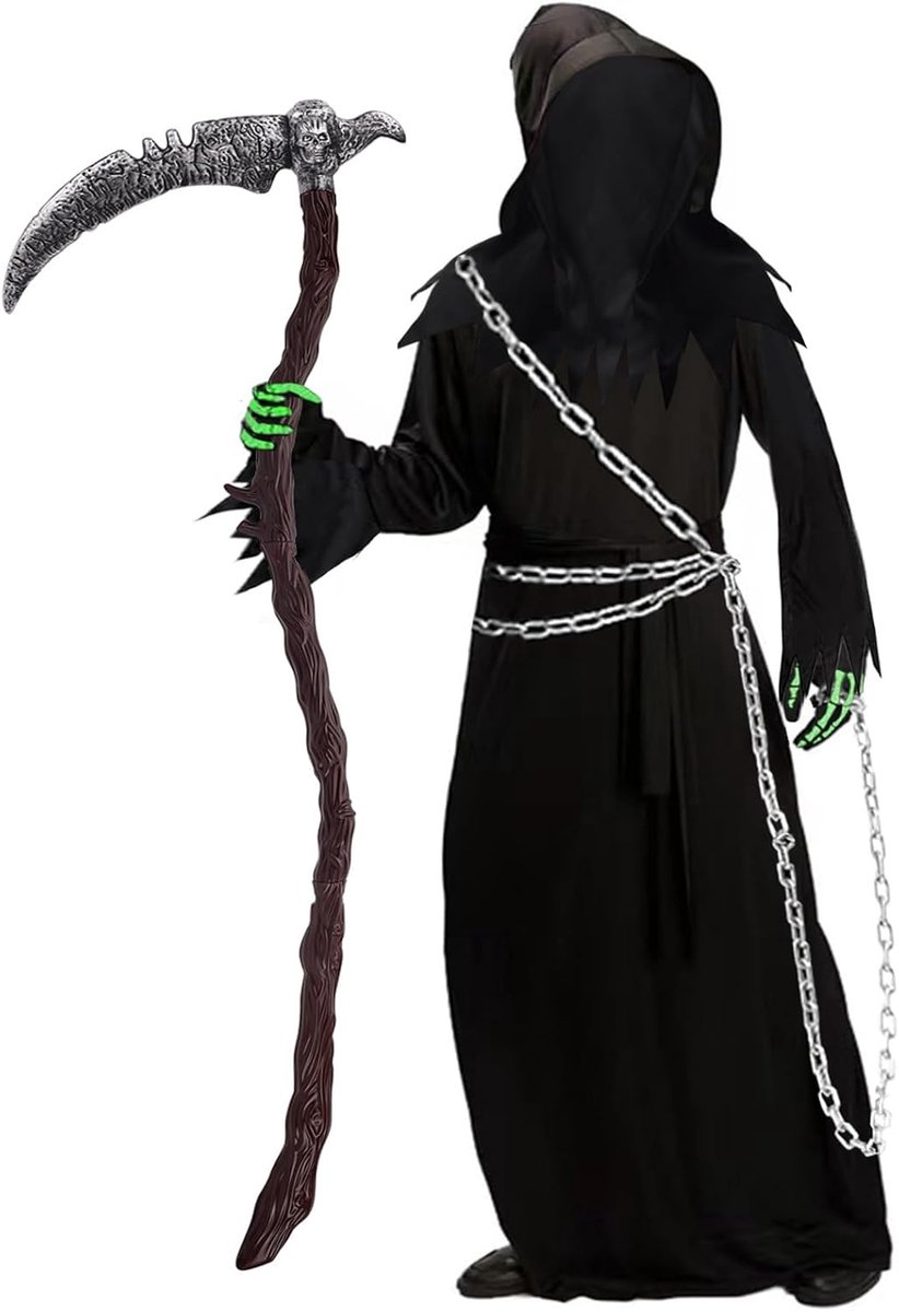 Kostuum voor heren - 6 griezelige Magere Hein-kostuums voor volwassenen met masker, zeis (123 cm) en metalen ketting, horror spookkostuums voor mannen Dementor Grim carnaval en cosplay