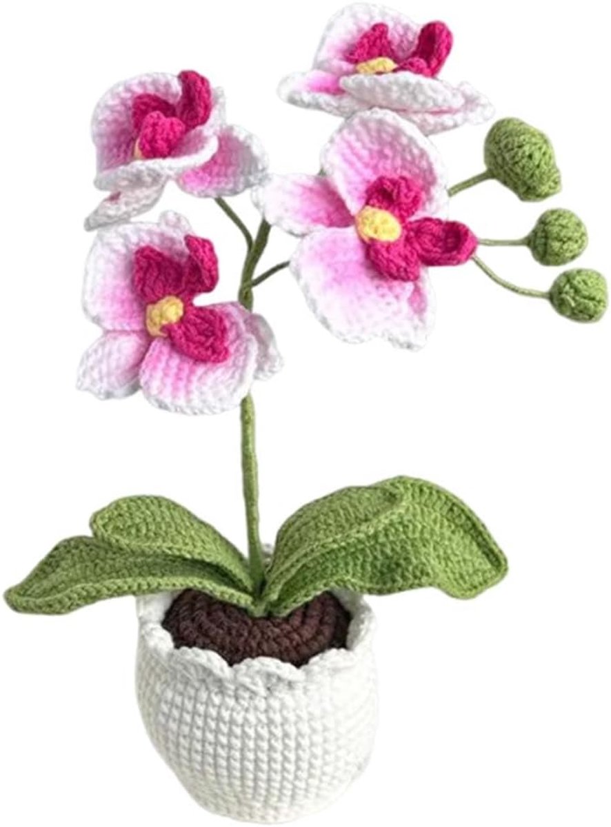 Gehaakte phalaenopsis-orchidee potplanten, gebreide kunstorchidee phalaenopsis-bloemen met prachtige pot voor thuiskantoor, bruiloft, tafel, centerpiece decoratie, roze