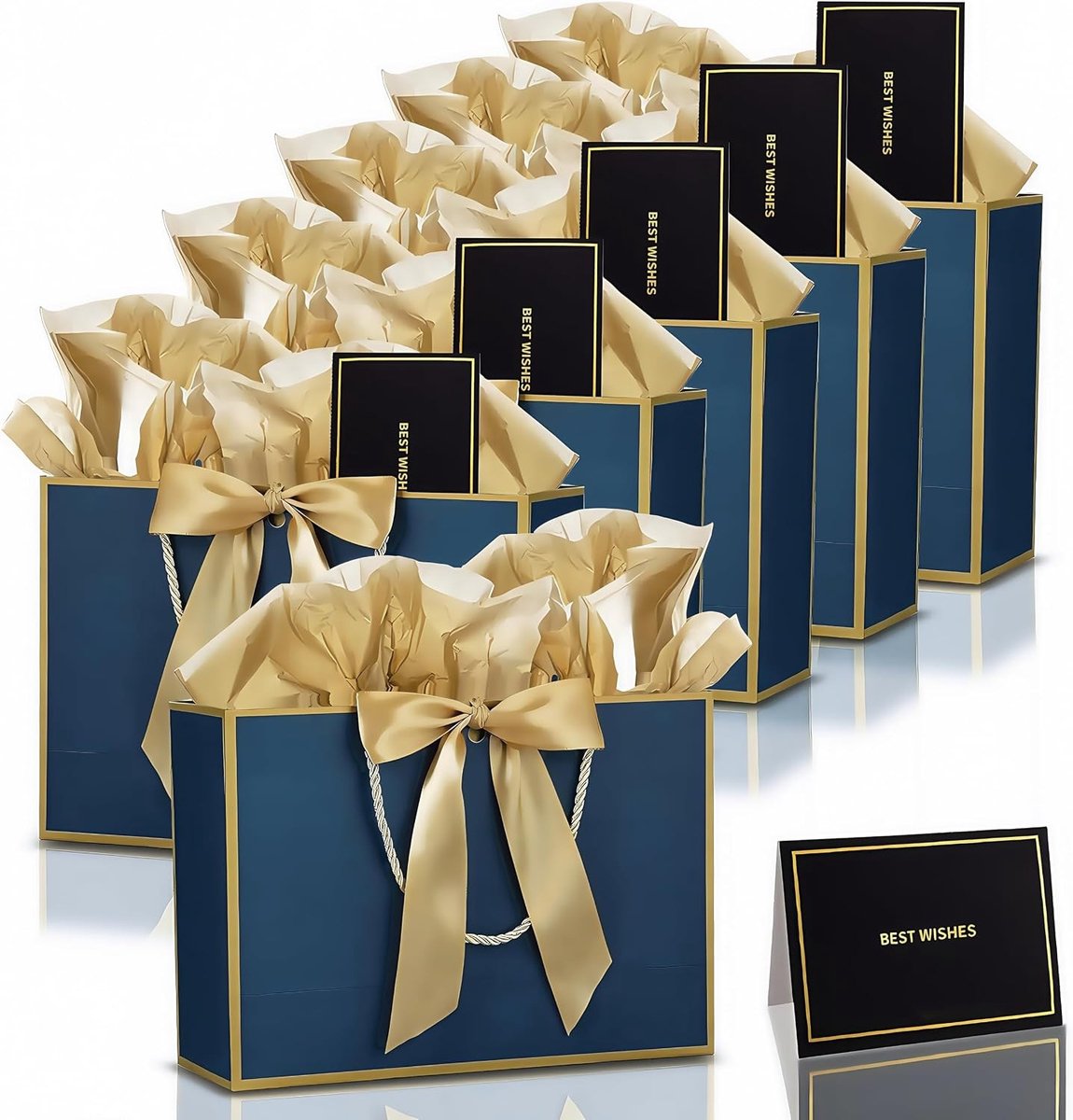 Elegante Papieren Cadeautassen met Handvatten, 6 Stuks in Marineblauw en Goud, Inclusief Ribbons, Groetkaarten en Tissu, Perfect voor Verjaardagen, Bruiloften en Feestjes