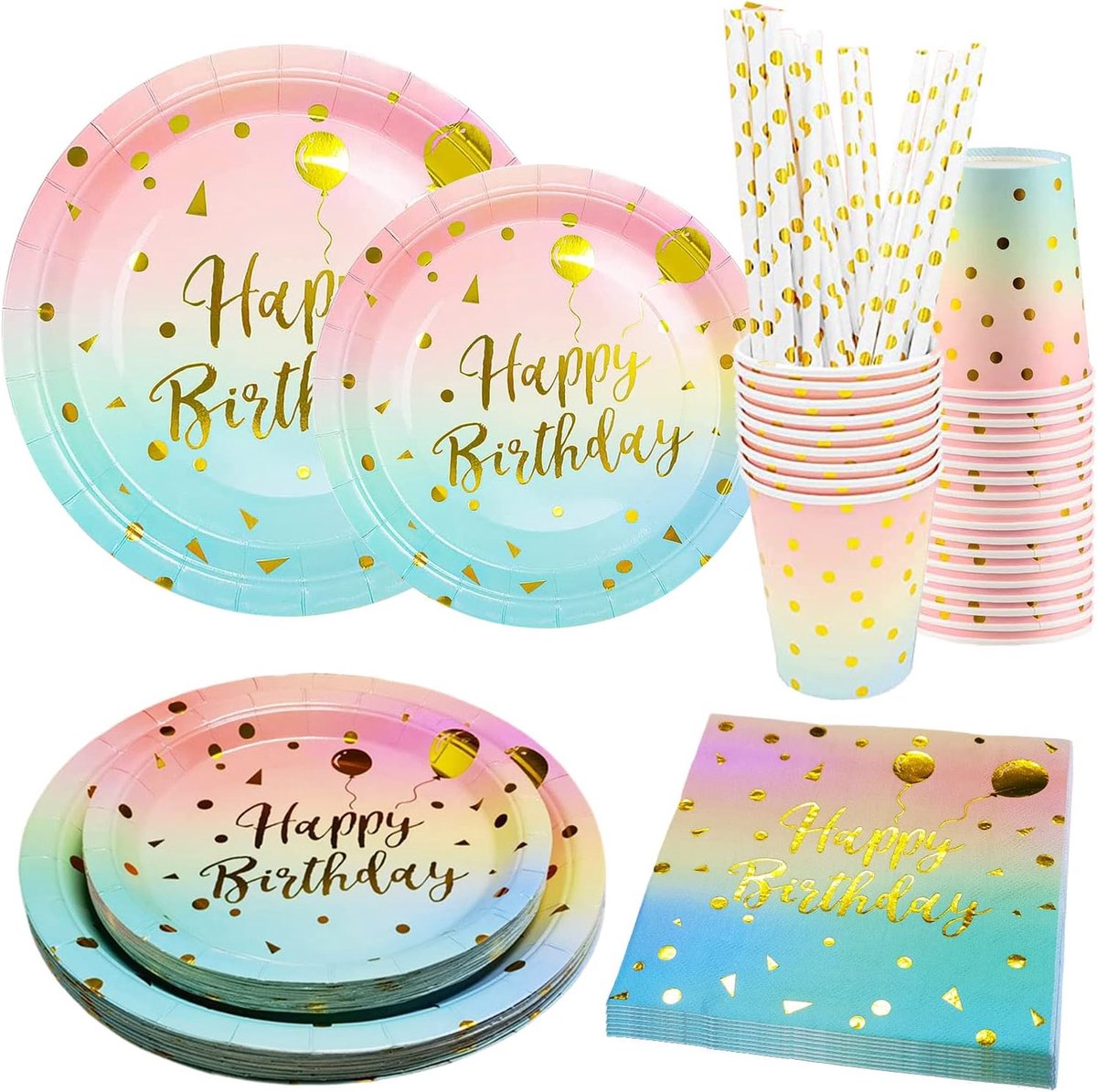 125-delige regenboog-verjaardagsserviesset, voor 25 gasten, papieren kinderen, Happy Birthday-feestservies, voor meisjes en jongens, regenboogthema, verjaardagsfeest, douche, decoratie