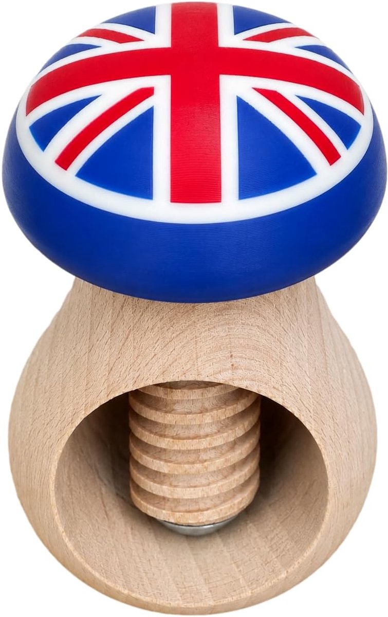 World houten notenkraker paddenstoel, Britse vlag, 10 cm