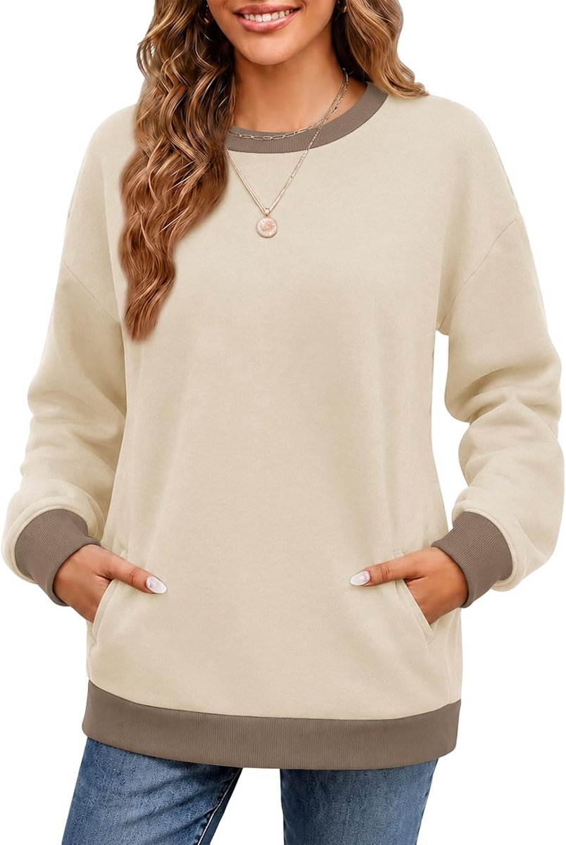 Sweatshirt voor dames, ronde hals met zakken, contrasterende losse