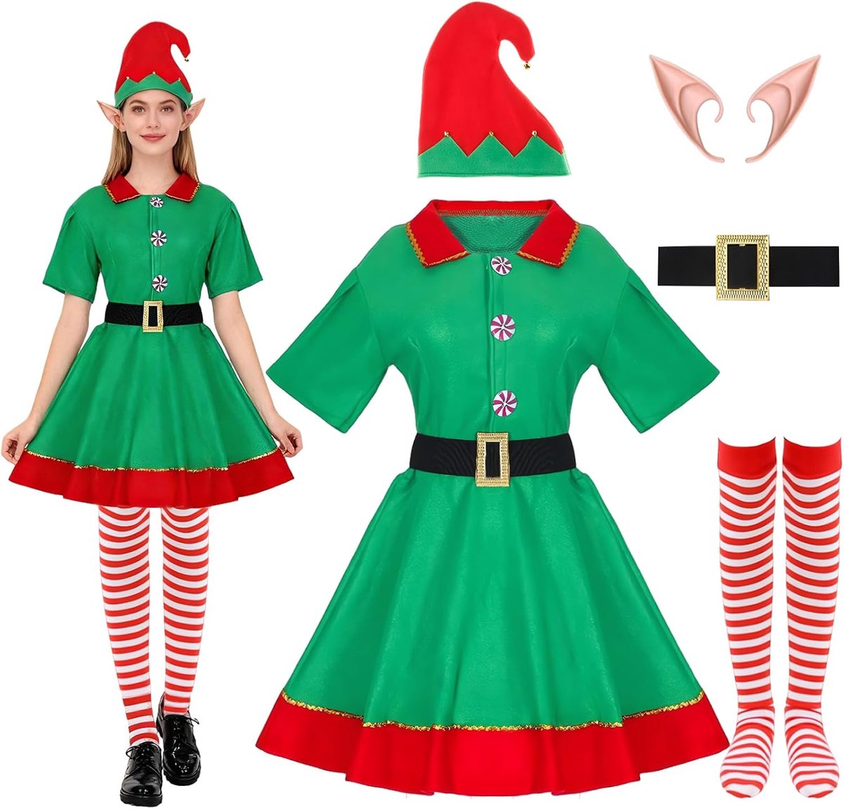 Set, kerstkabouter kostuum met hoed, riem, sokken, elfenoren, kerstkostuum voor kerstfeest