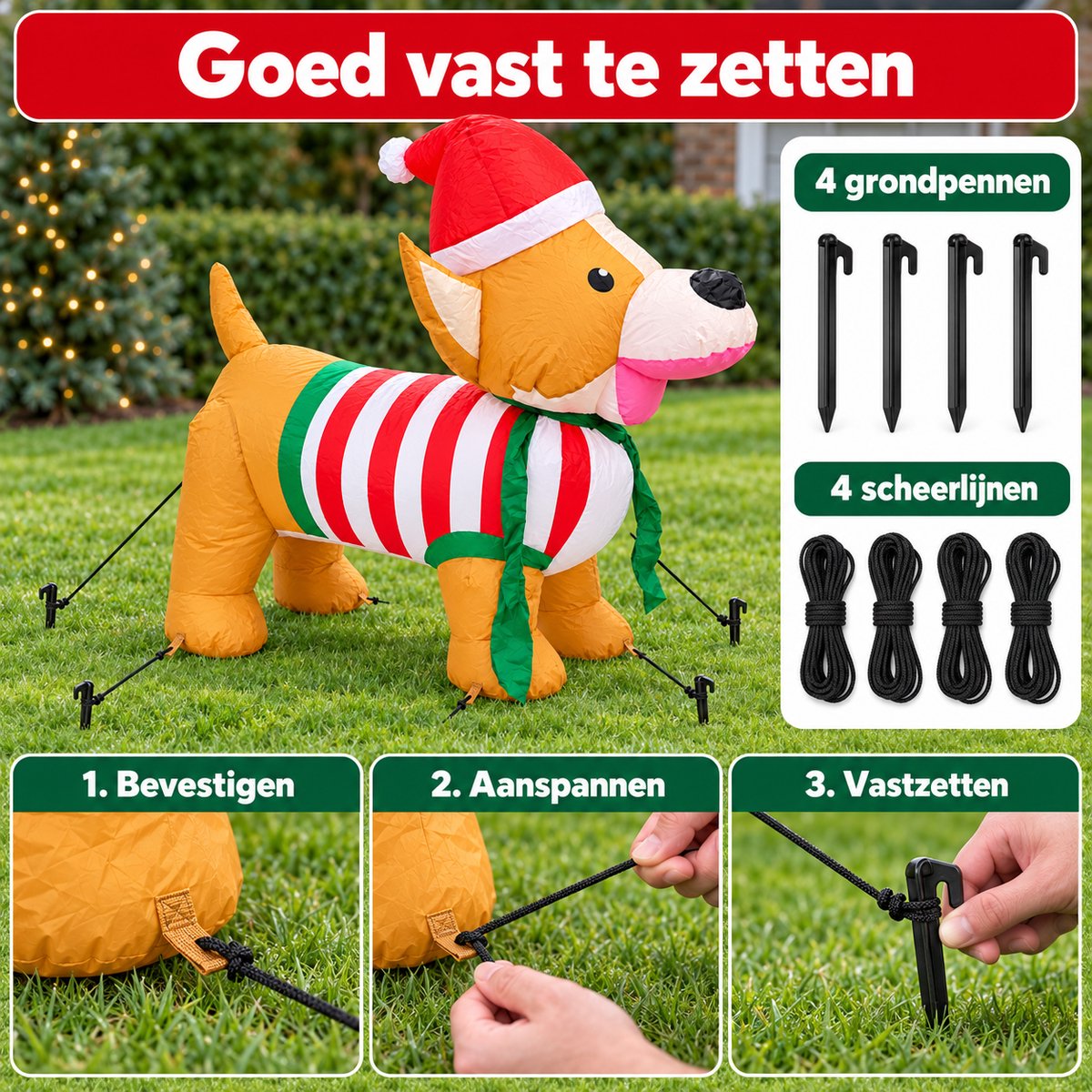 HEM Opblaasbare Kersthond 123 cm met LED Verlichting – Opblaasbaar Kerstfiguur Hond voor Buiten en Binnen – Kerstdecoratie en Kerstversiering voor Tuin – Inclusief Blower en HEM Microvezeldoekje – foto 5