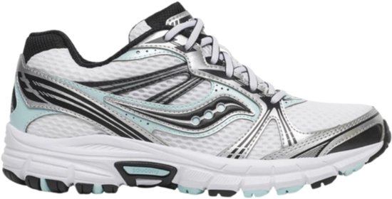 Wit met zilveren en lichtblauwe Saucony sneaker met zwarte accenten en veters.