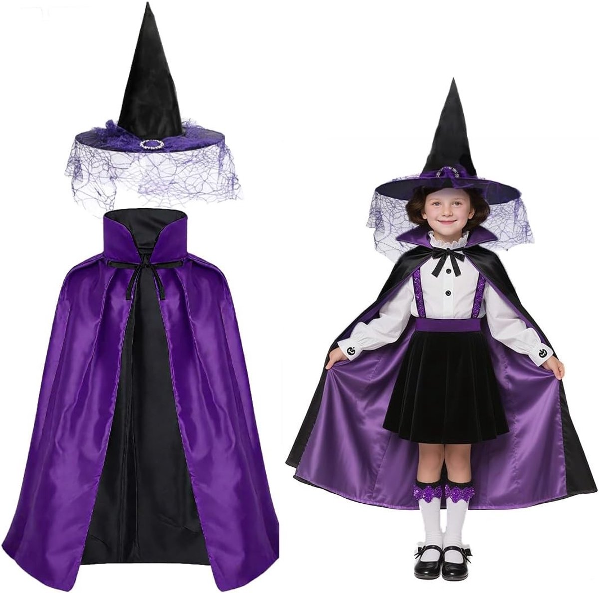 Halloween Kostuum voor Kinderen met Tovenaar Hoed en Cape - Twee Kleurige Cosplay voor Feestjes en Carnavalsactiviteiten
