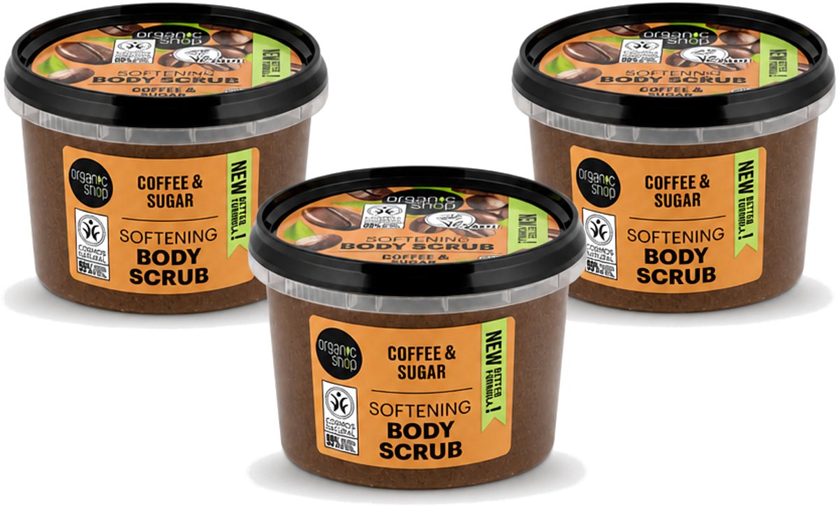 3 x Organic Shop - Organic Coffee & Sugar Body Scrub - Hydraterend en Peeling - 250 ml - Voordeelverpakking - 3 stuks