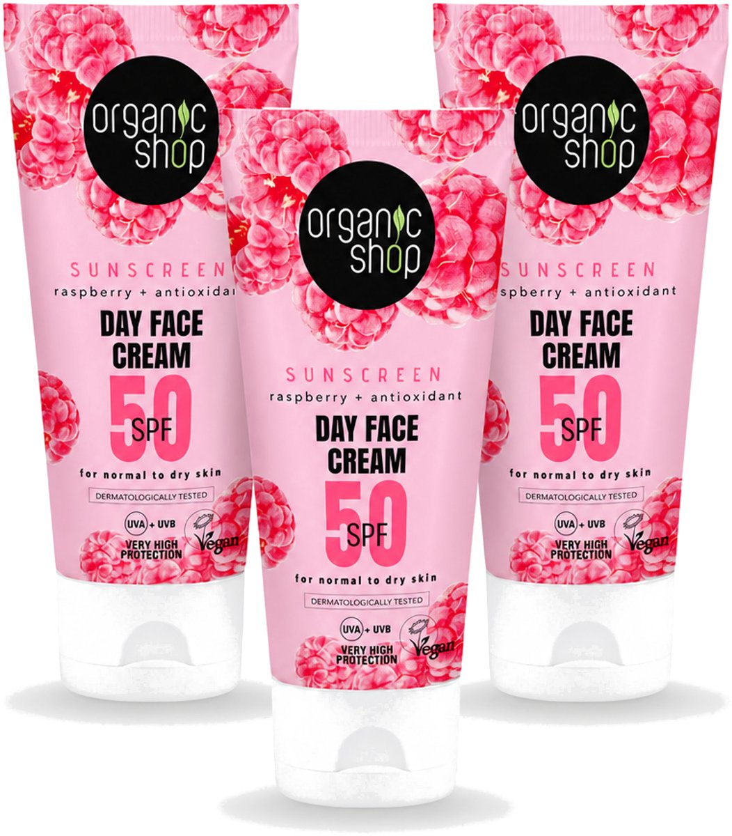 3 x Organic Shop - Zonnebrandcrème Gezicht SPF 50 - Normale Huid - 50 ml - Voordeelverpakking - 3 stuks