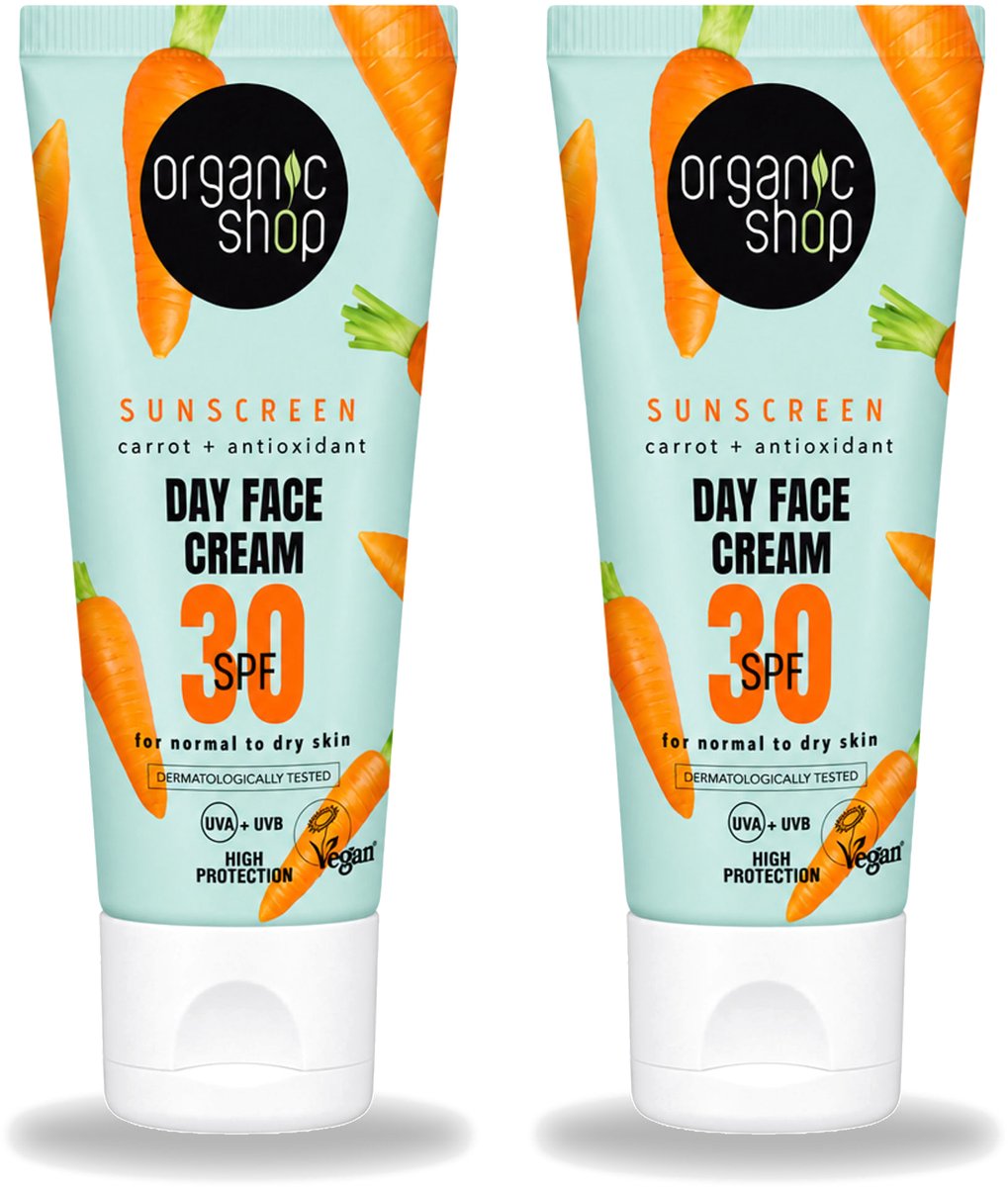 2 x Organic Shop - Zonnebrandcrème Gezicht SPF 30 - Normale Huid - 50 ml - Voordeelverpakking - 2 stuks