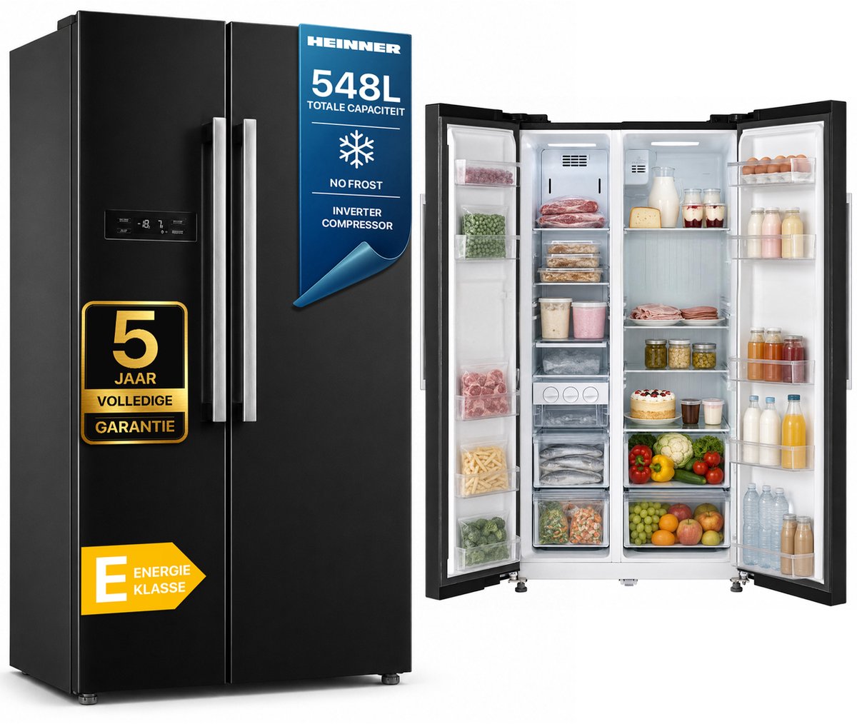 Heinner HSBS-M548NFINVBKE++ American Side-by-Side Koelkast – 548 L – Total No Frost – Inverter Compressor – Touchbediening – Super Cooling – Super Freeze – Holiday-functie – Open-deur Alarm – Zwart – 5 Jaar Garantie