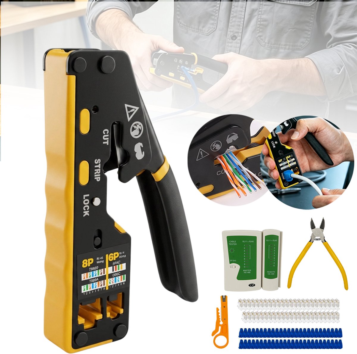 Multifunctionele RJ45/RJ11 Krimptangset Met 50 Connectoren En Kabeltester – Doorvoerfunctie En CAT6-Compatibel – Inclusief 2 Reservemesjes – Complete Ethernet-Bekabelingsset – Ideaal Voor Netwerkprojecten Aan Het Begin Van Het Schooljaar
