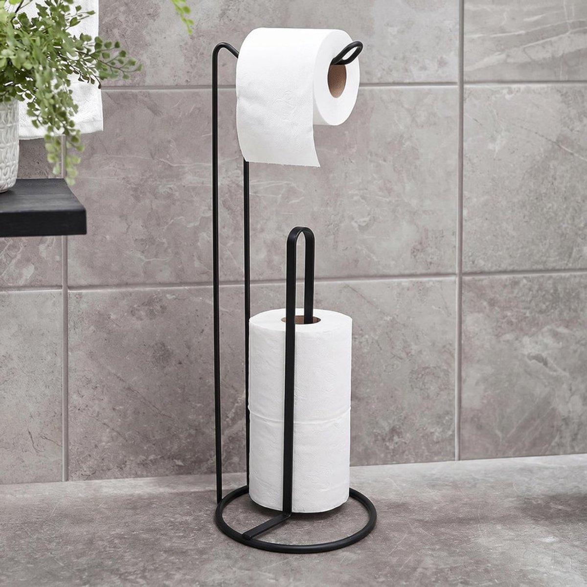 Vrijstaande Toiletrolhouder Met Opbergvak - RVS - Antislip Onderzijde - 15 x 14 x 54 cm - Zwart