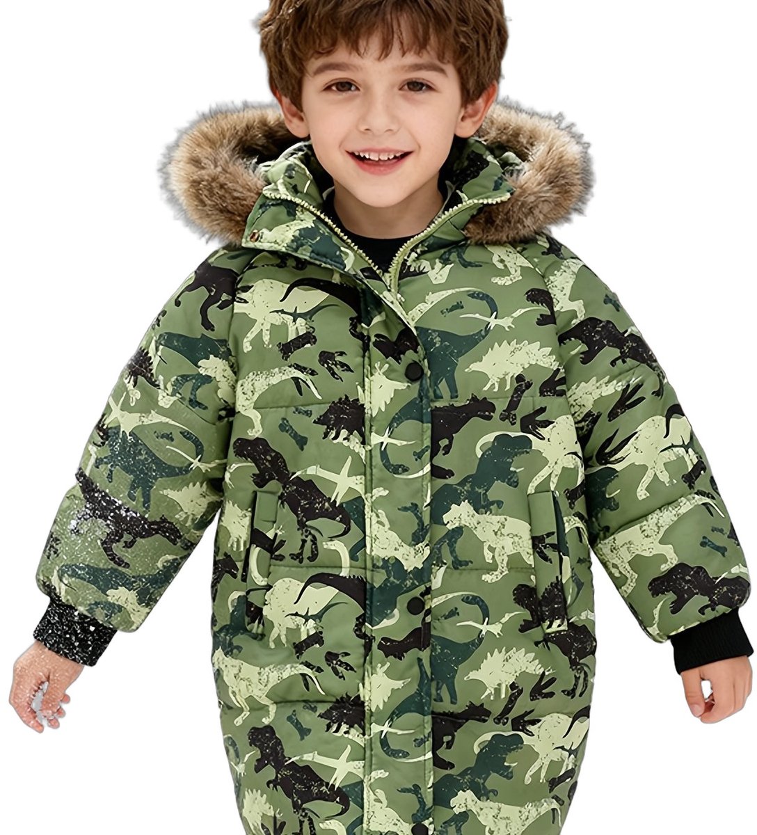 Currero Winterjas Parka Jongens Lange Jas Wintermantel Overjas Gewatteerd Waterdicht Winter Stijlvol Mantel Kinderen 5-6 Jaar Camouflage Dinosaurus