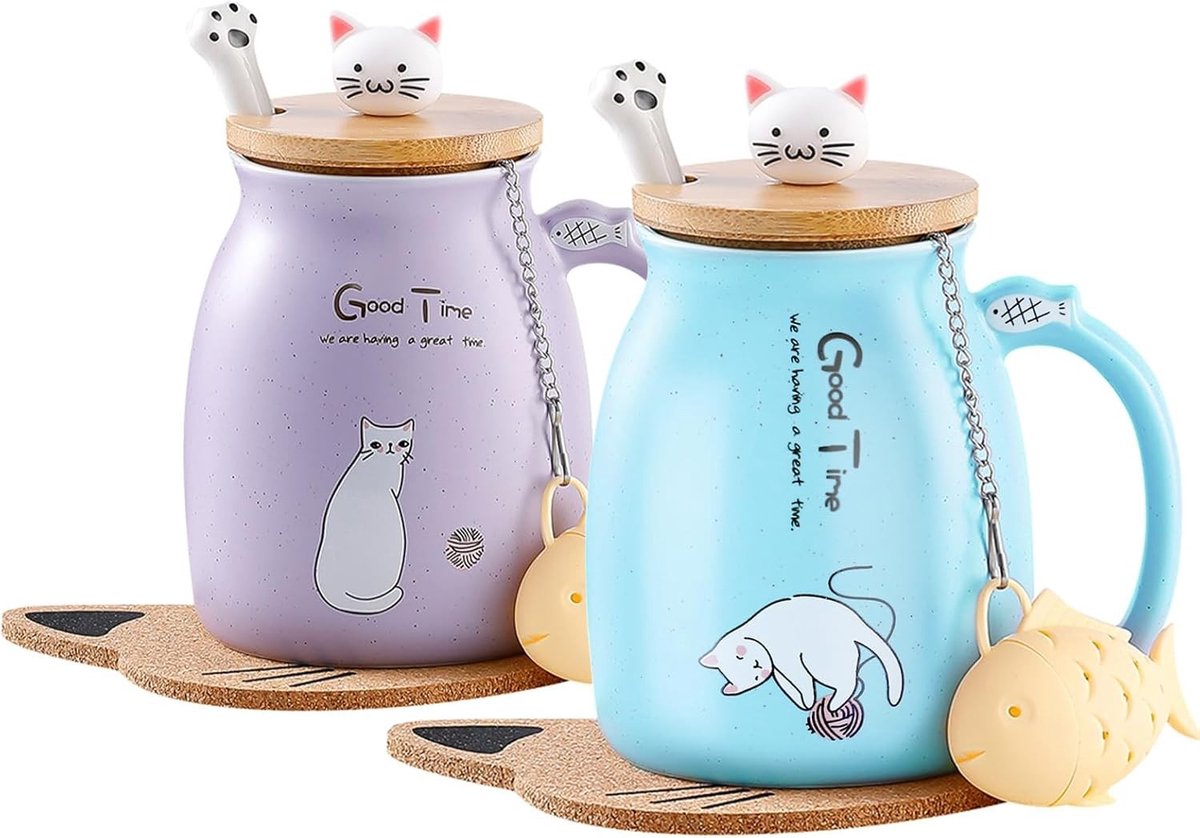 Schattige keramische kattenmok met deksel en roestvrijstalen lepel, ideaal voor koffie, thee en melk - 380ml (paars & blauw)