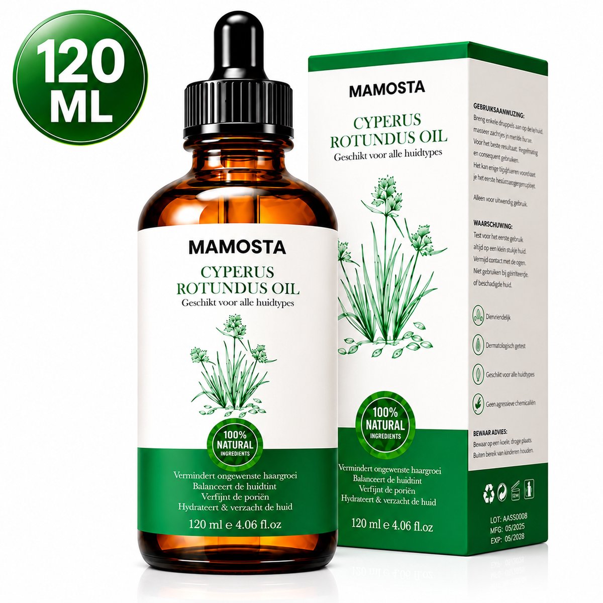 Mamosta® Cyperus Rotundus Olie 120 ml - Antihaargroei Oil - Alternatief Voor Ontharingscreme - Vermindert Haargroei Na Ontharing - Voor Gezicht, Benen & Bikinilijn - Alle Huidtypes