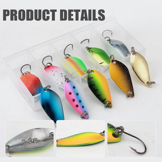 Set van 10 Spinner Spoons met Opbergdoos voor Vissen, Ideaal voor Forel, Snoek en Karper, 2.5g/3.5g/5g — afbeelding 5