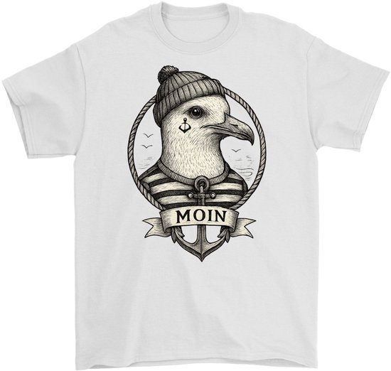 Wit T-shirt met zeemeeuw in matrozenkleding, anker en 'MOIN'-tekst in een cirkel.
