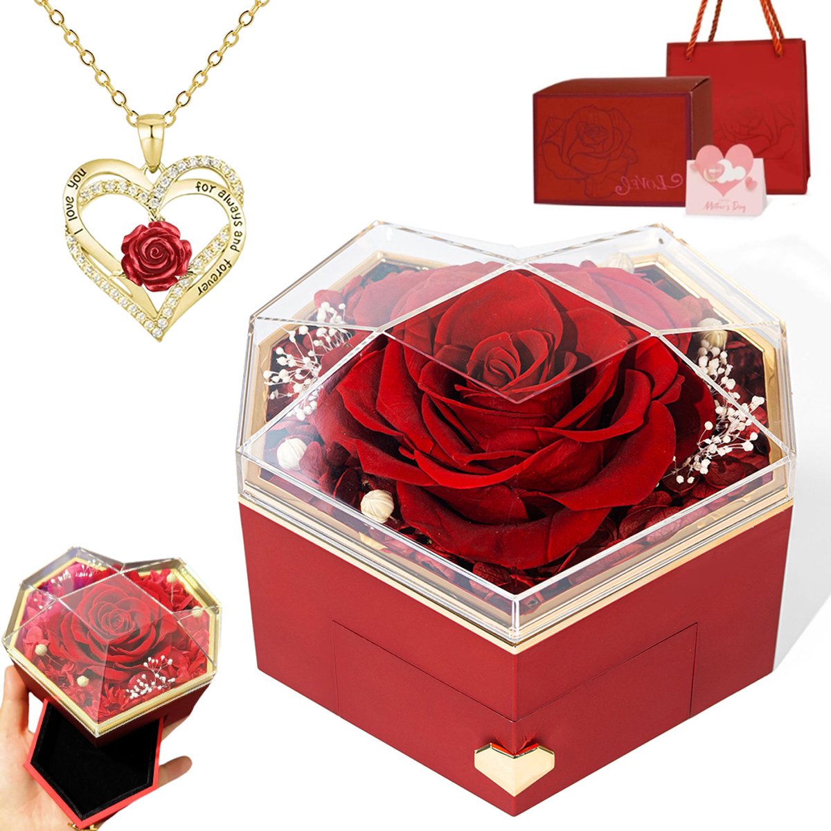 Cadeauverpakking met geconserveerde bloemen - Rozenhartketting - Inclusief sieradendoos - Cadeau voor een huwelijksaanzoek, verjaardag, Moederdag en Valentijnsdag - Presentje - Exquisite geschenkverpakking