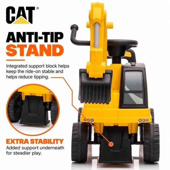 Gele loopauto met anti-kantelstandaard voor extra stabiliteit. Extra steun onderaan.