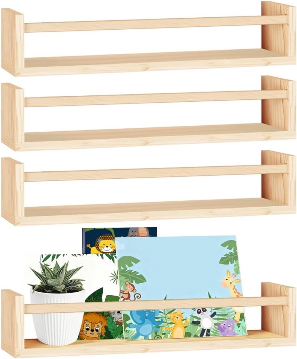 Vellaro Kinderboekenkast - Naturel Hout - 41 x 10 x 9,5 cm - Massief Grenenhouten Zwevende Boekenplanken - Voor Kinderkamer